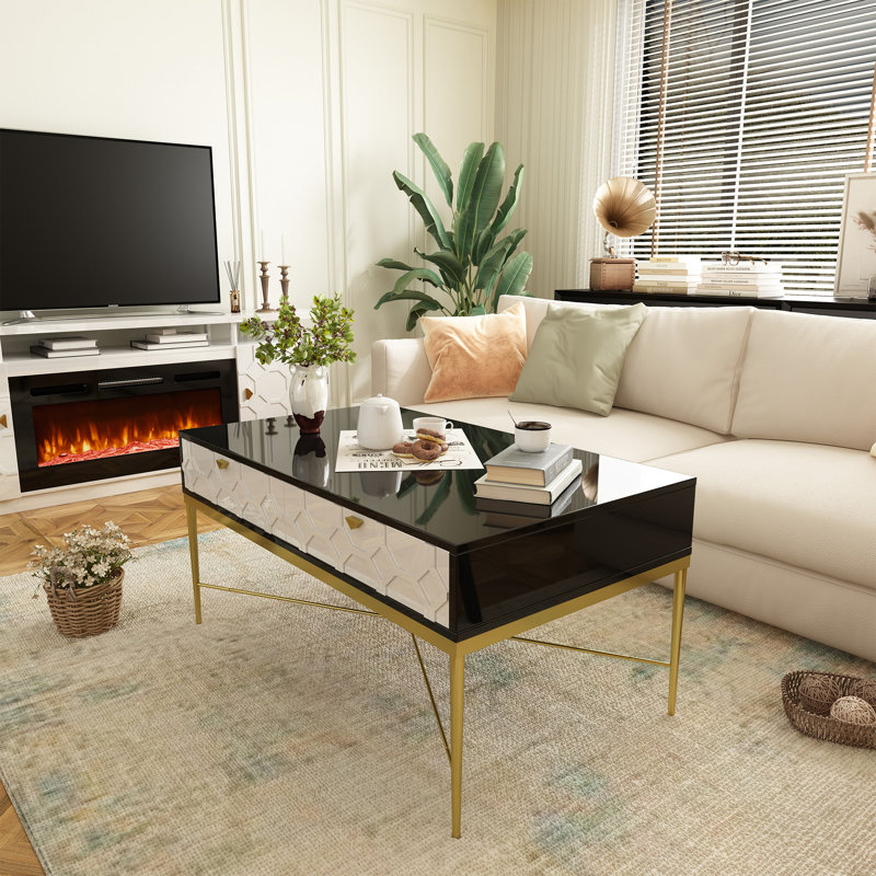 Table basse moderne en noir et blanc avec 2 tiroirs pour le rangement du salon | Idée de cadeau