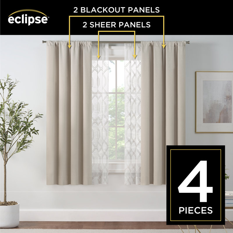 Eclipse Kensett Blackout Curtains with Cable Chain Pattern Sheer Window Panels, 4-Piece Window Curtain Panel Set, Linen