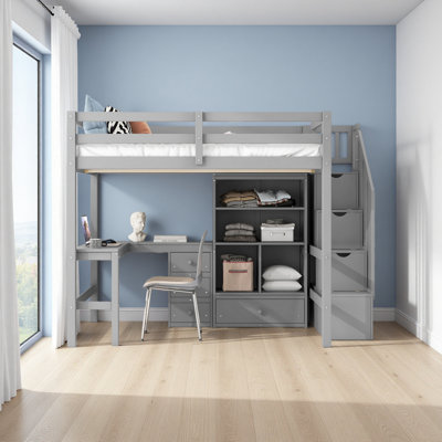 Full Size Loft Bed With L-Shaped Desk And Drawers, Cabinet And Storage Staircase