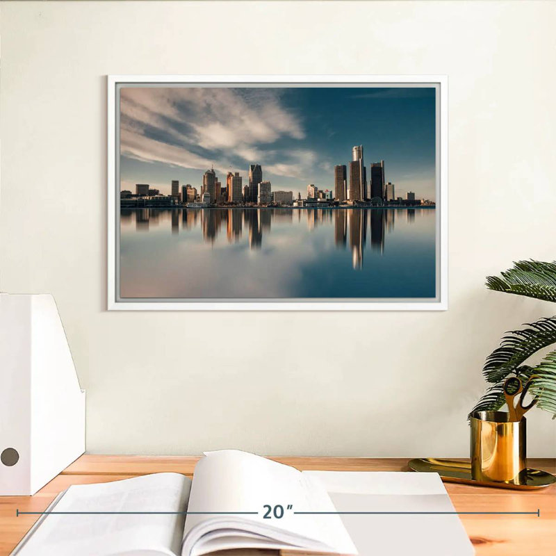 Reflet de Detroit Skyline, Cadre flottant blanc, 13 po x 9 po