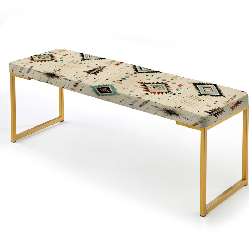 Geometric Upholstered Gold Bench, Tribal Nomad Boho Pattern I