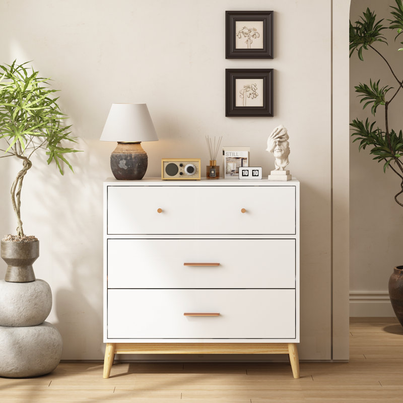 Armoire de rangement à 3 tiroirs de style nordique, commode blanche moderne avec poignées en or rose et base en bois massif pour petits espaces