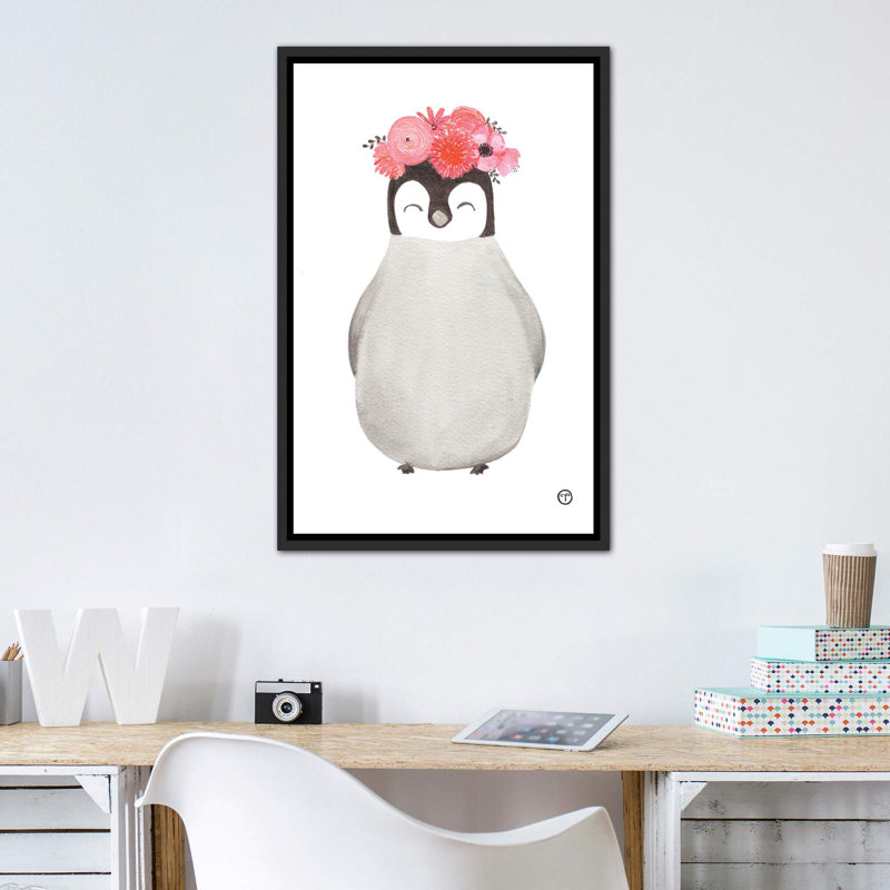 Art pingouin, Toile avec cadre noir patiné, H 40 po x l 26 po x P 1,5 po
