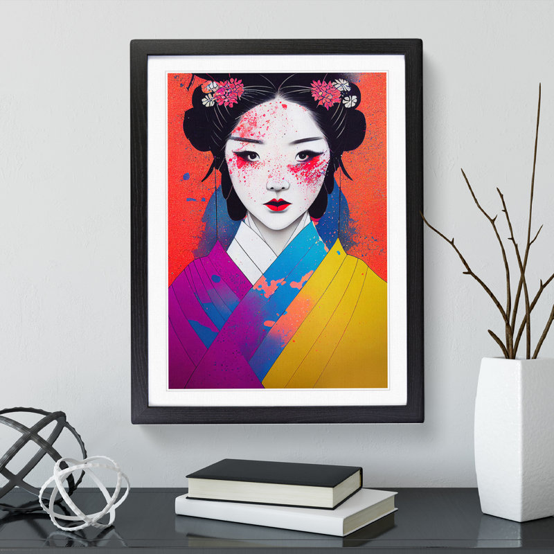XV1022-3173X Paint Drip Geisha No.3 - Single Picture Frame Print, Black, 64cm H x 46cm W x 2cm D