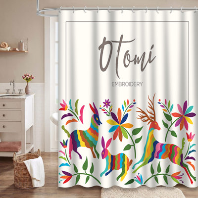 Colorful Mexican Floral Forest Animals Traditional Shower Curtain with 12 Hooks