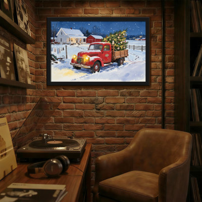 Christmas Red Truck Christmas Tree Snowy Farmhouse Scene