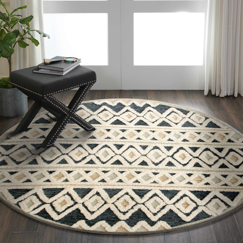 Tapis crème / gris en laine touffeté à la main Guthridge, Rond 6 pi