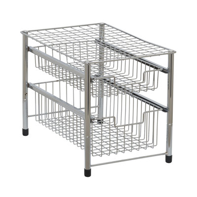 Two Basket Sliding Cabinet Organizer, Metal, Small, Free Standing - No Installation Necessary, Silver Finish