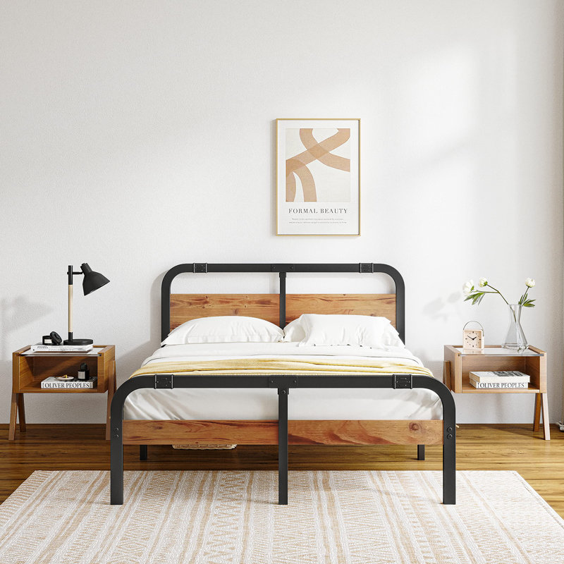 King Size Black Metal Platform Bed with Wood-Grain Headboard and Footboard, Heavy-Duty Steel Support, No Box Spring Needed