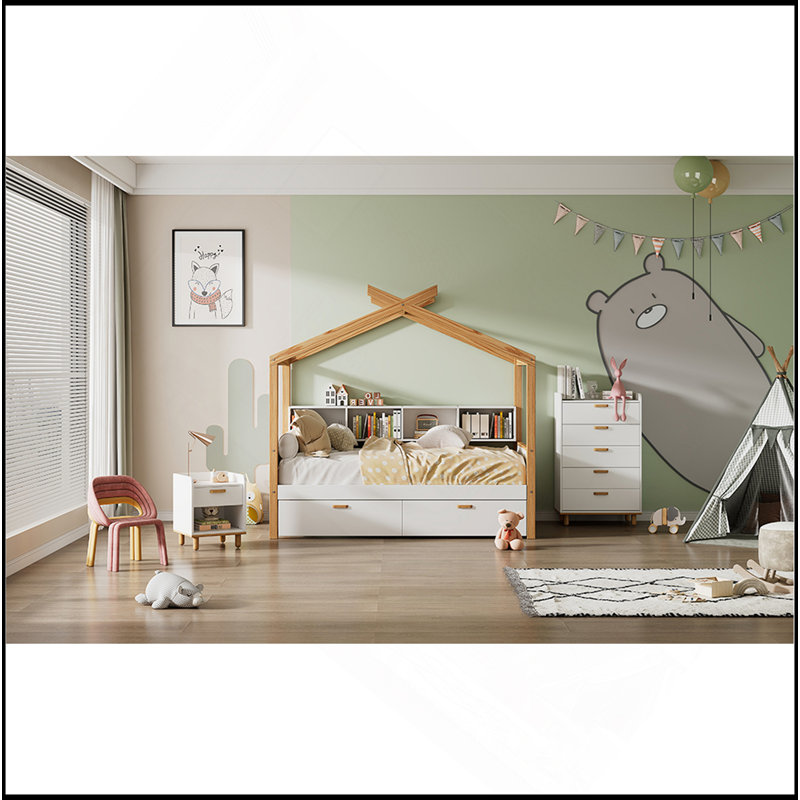 Lit de maison en bois avec lit gigogne de taille simple à cadre en bois original et bibliothèque pour enfants ou chambre d'amis