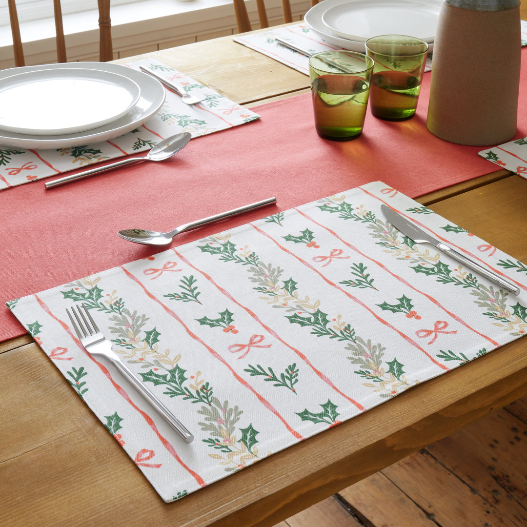 Christmas Holly Stripe Cotton Dining Placemat 4 Pack