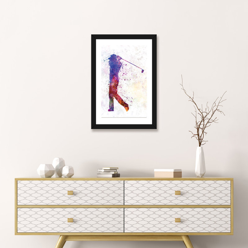 «Golfeur Swing Silhouette» par Paul Rommer - impression d'art graphique, H 24 po x l 16 po x P 1 po, Papier encadré noir