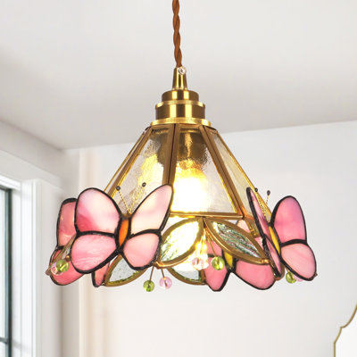 1-Light Butterfly Glass  Pendant Light,3 Color Change