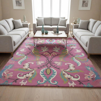 Tapis en laine à motif floral orchidée rose, vert sauge et bleu sarcelle Adairsville