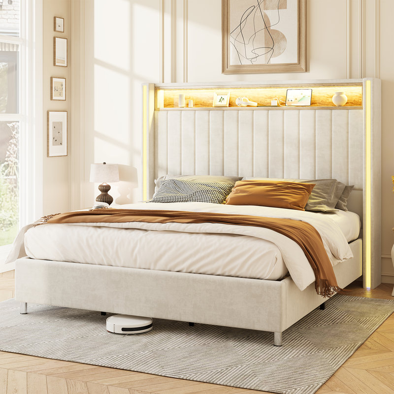 Bed Frame with LED Lights and Charging Station, Tall Headboard and Wingbacks Platform Bed, Cream, Queen