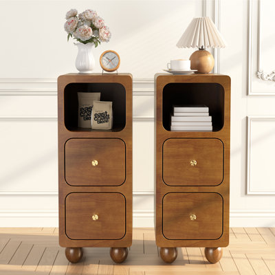 Set Of 2 Small Nightstands, Narrow Tall Bedside Tables With 2 Drawers And Open Shelf, Solid Walnut Wood Nightstands, Mid-Century Modern Nightstands For Bedrooms (10 Inch)