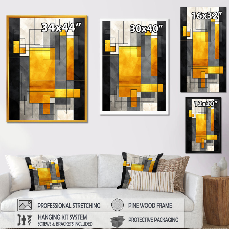 Jaune et gris fusion géométrique 2 - art mural géométrique, Cadre flottant noir, H 20 po x l 12 po x P 1 po