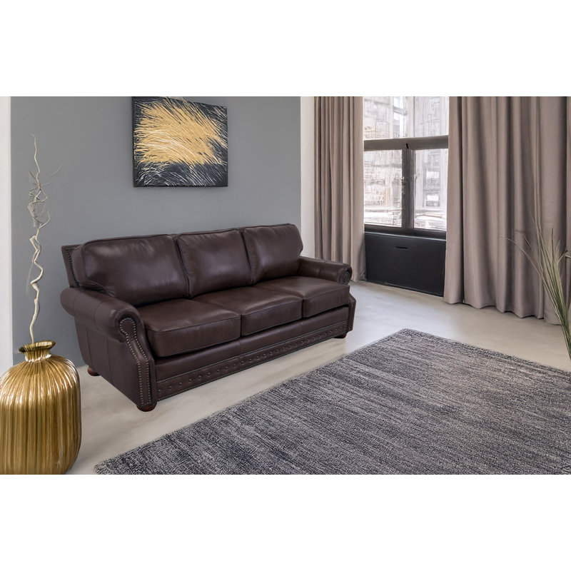 Speroni 100" Genuine Leather Rolled Arm Sofa, Brompton Espresso Genuine Leather