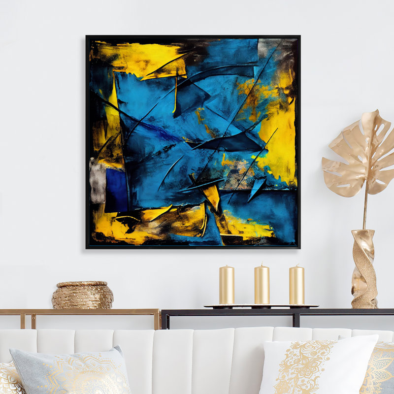«Bliss Of Happiness in Yellow and Blue I - Abstract Collages», art mural, H 36 po x l 36 po, Cadre flottant noir