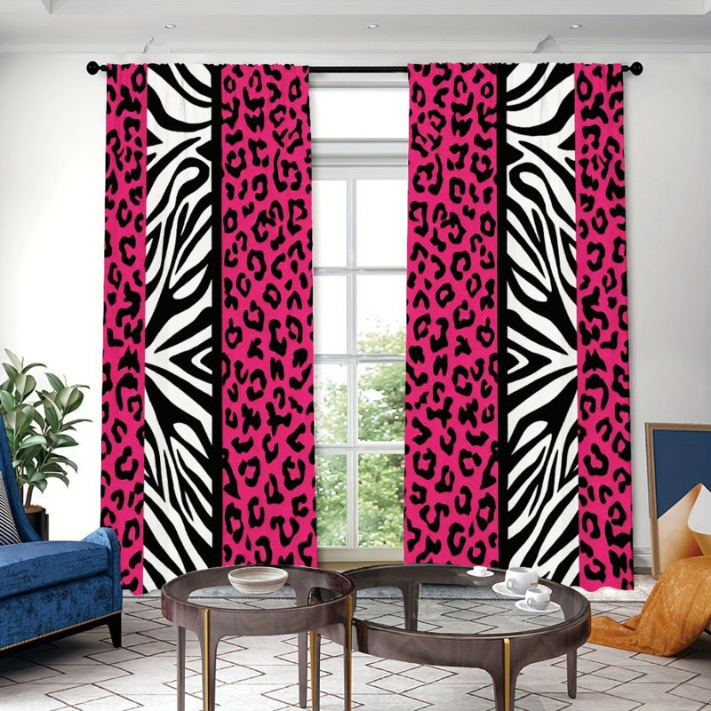 2Pcs Bold Leopard Zebra Curtains,Black White Animal Pattern, Rod Pocket Light Filtering, Vibrant Modern Style, All-Season For Living Room Bedroom Home Decor