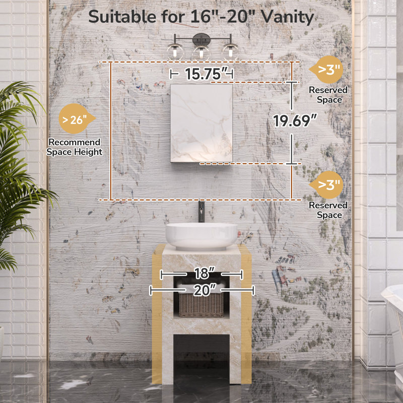 Armoire à pharmacie en aluminium à miroir avec 2 tablettes Omeed, H 20 po x l 16 po x P 5 po, Argent argent