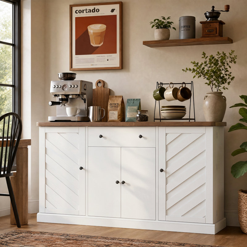 Buffet de style champêtre avec prise électrique intégrée, 1 tiroir et étagères réglables, meuble de rangement à 4 portes