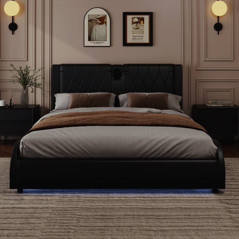 Modern RGB LED Bed Frame with Faux Leather and Bluetooth Speakers, Black, King