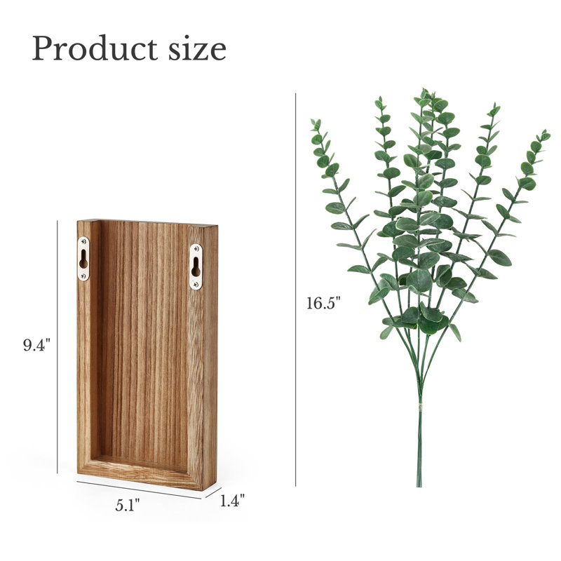 Paquet de 2 vases à fleurs muraux en bois avec eucalyptus artificiel de style maison de campagne décorative à suspendre à la main, salon, chambre à coucher, cuisine, bureau à domicile, décoration