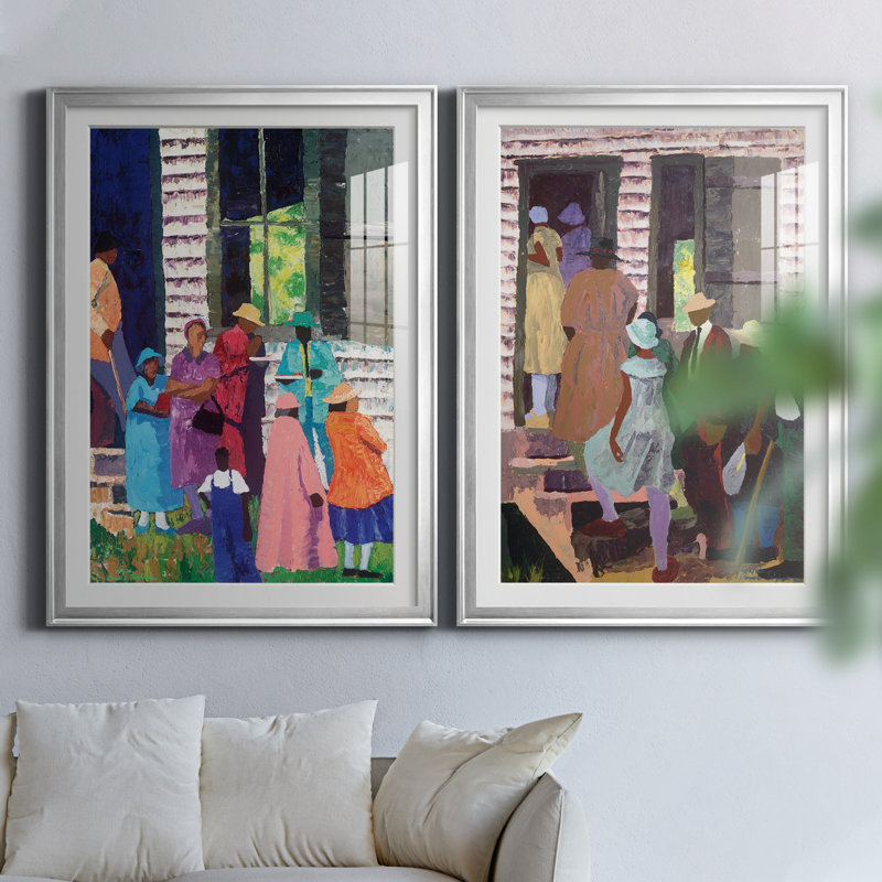 «Going to Church», ensemble de 2 reproductions d'art, H 26,5 po x l 73 po x P 1,5 po, Papier avec cadre argenté, Blanc