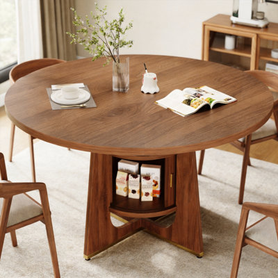 Table de salle à manger ronde de 47 pouces pour 4 à 6 personnes avec armoire de rangement intégrée, table de cuisine de style Mid-Century moderne pour la salle à manger, la cuisine et le salon (noyer)