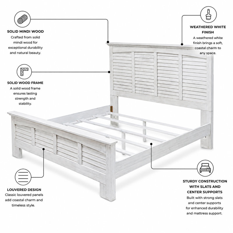 Ascan - Solid Wood Bed - Queen - Weathered White Finish, Queen