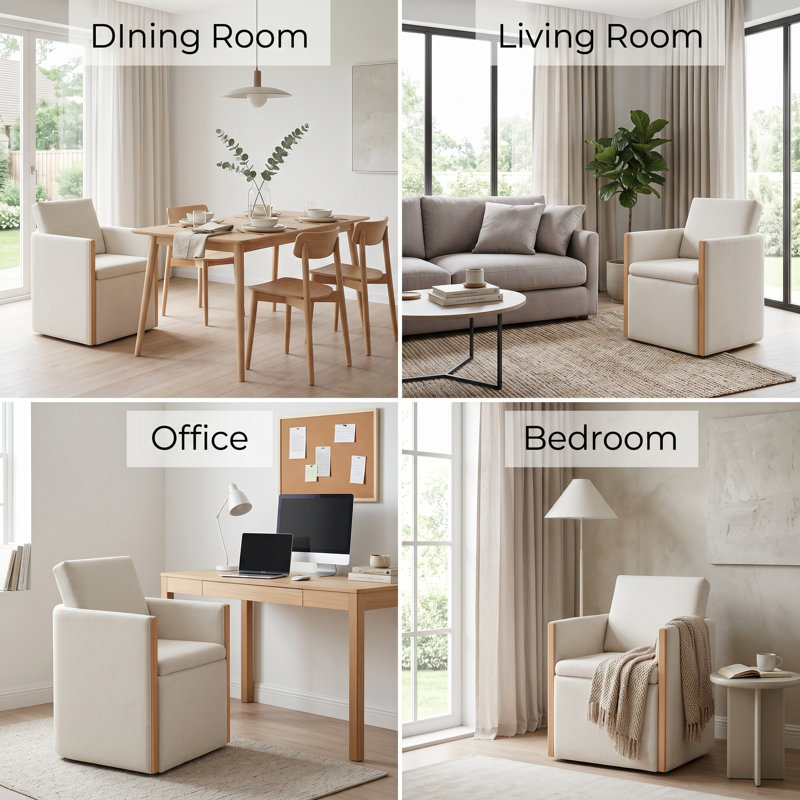 Modern Upholstered Rolling Dining Chair with Under-Seat Storage, Cream