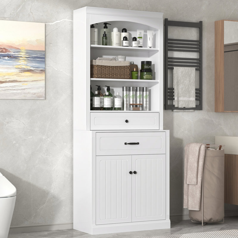 Bathroom Storage Cabinet With Two Doors, Drawers, Adjustable Shelf & Three Open Shelves – Durable MDF Construction