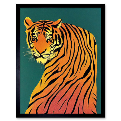 Modern Tiger Portrait On Teal Orange Bold - Single Picture Frame Print