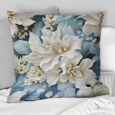 Misty White And Blue Floral Damask I - Damask Polyester Throw Pillow