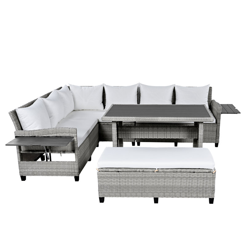  5-Piece Outdoor PE Wicker Patio Sofa Set with 2 Extendable Side Tables, Dining Table, White, Grey