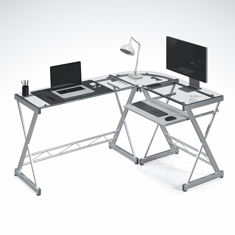 Bureau d'ordinateur en L en verre trempé avec panneau de clavier coulissant