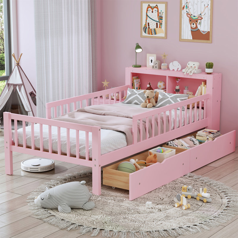 Lit simple avec support de tête de lit, deux tiroirs sous le lit, trois barrières de sécurité pour plus de sécurité, Rose