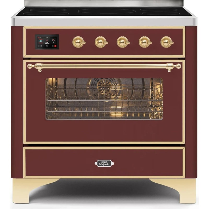 Cuisinière à induction 36 pouces avec 5 éléments à induction ILVE Majestic II Series (porte en verre), Bourgogne / laiton