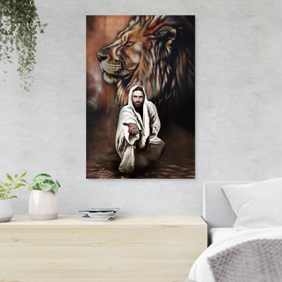 Lion And God Giving Hand Art - 1 Piece Rectangle Graphic Art Print On Wrapped Canvas