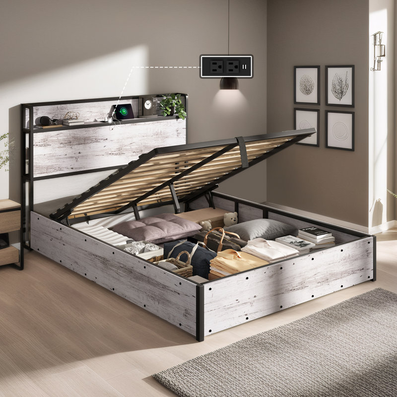 Lift Up Storage Wood Bed with Charging Station, King, White Birch
