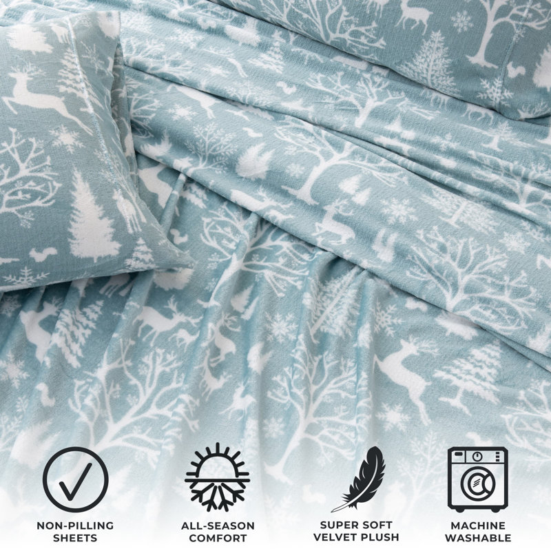 King Enchanted Woods Blue Velvet Plush Fleece Sheet Set