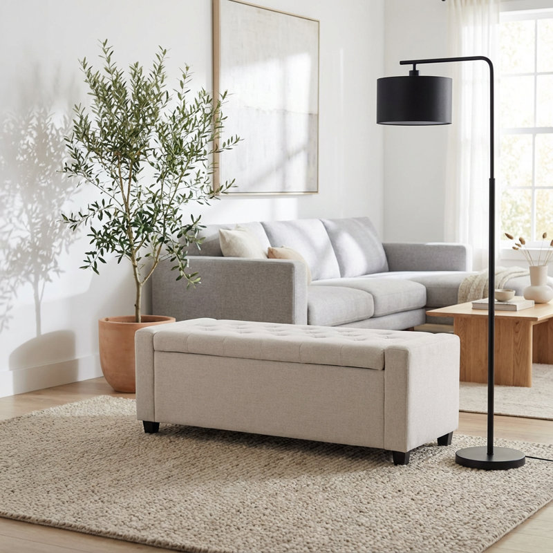 48-Inch Upholstered Storage Ottoman Bench with Arms for Bedroom and Living Room Seating, Beige Fabric with Tufted Design