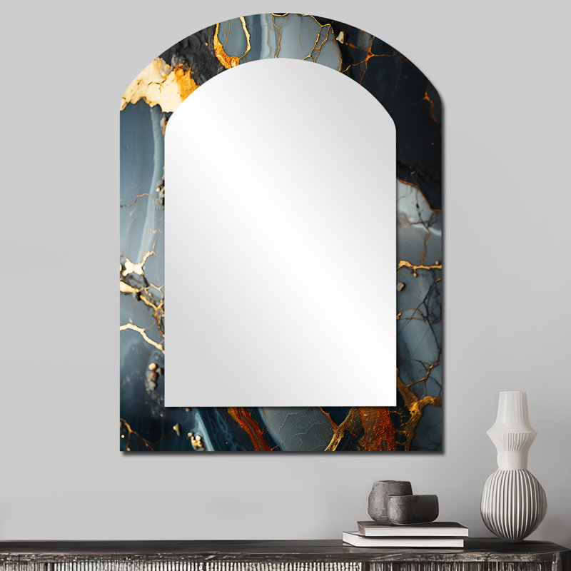 Grey and Gold Abstract Marble Granite II - Abstract Asymmetrical Unique Mirror, Gold Arch Large Wall Mirror, Printed Metal Art
