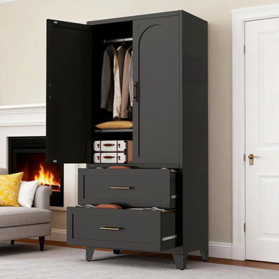 71" Tall Metal Wardrobe Cabinet with 2 Drawers and Hanging Rod, 2 Doors Wardrobe Closet with Shelf for Bedroom, Office, Laundry Room,Entryway ,Foyer,Guesthouse (Black)
