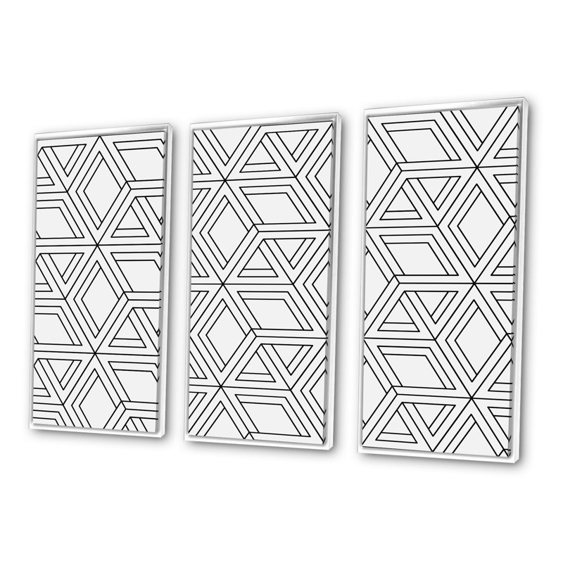 Art géométrique blanc et noir - ensemble de 3 reproductions d'art encadrées sur toile, H 20 po x l 36 po x P 1 po, Blanc