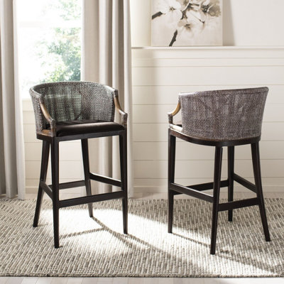 Tabouret de bar Morency Transitional - Structure en acajou avec dossier en rotin texturé et coussin en mousse