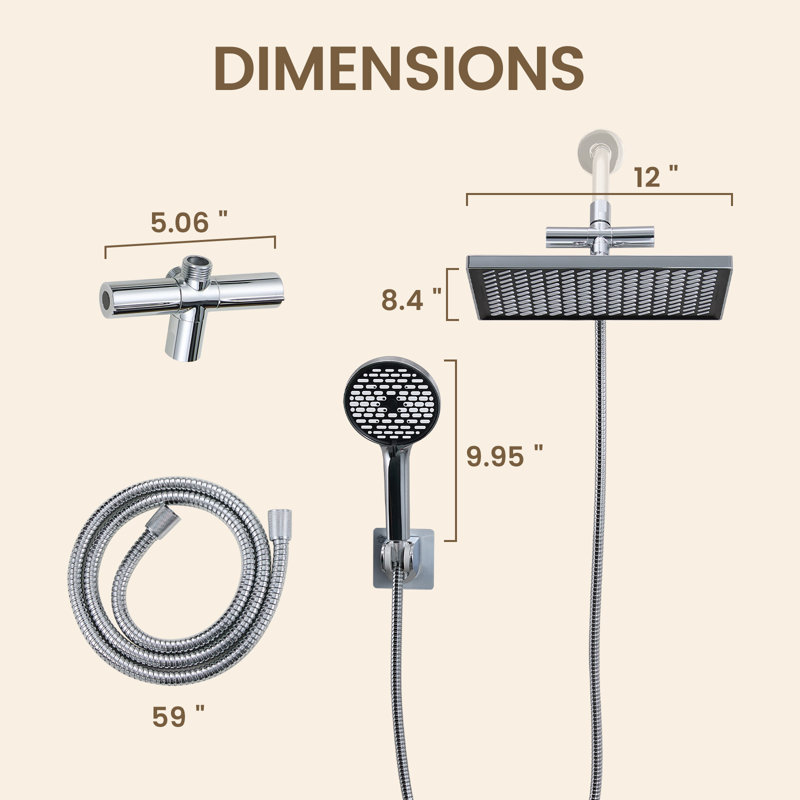 12" Rectangular Dual Shower Head Combo with 6-Spray Handheld Shower Wall Mount Chrome, Chrome