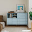 Armoire décorative moderne bleu + bois manufacturé argent + verre + acier inoxydable
