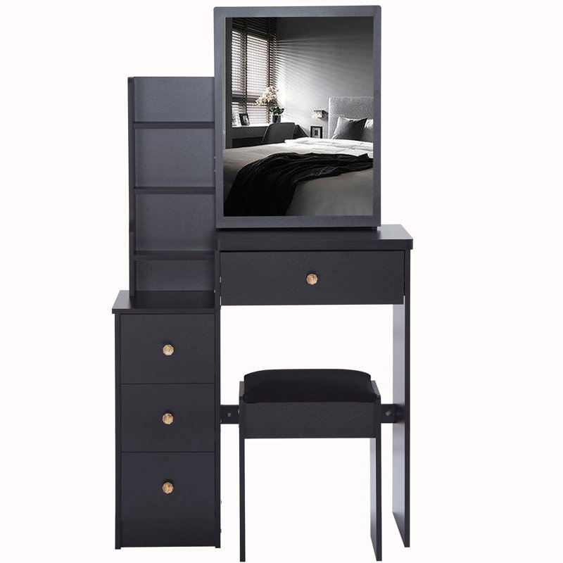 Table de coiffeuse avec tabouret rembourré Ray, Noir incorrect